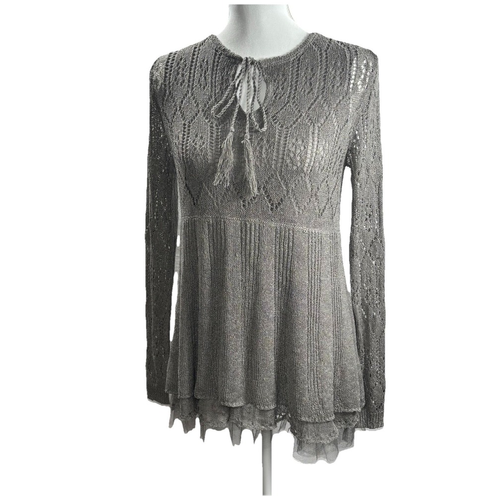 NWT VTG Y2K Babydoll Top Knit Sweater Fairy Grunge‎ Hippie Gray Earthy Boho Sz M